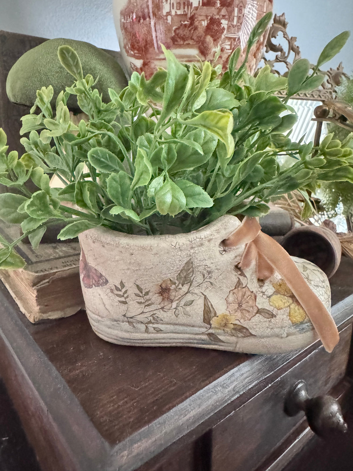 Hand-Finished Botanical Ceramic Shoe Vessel