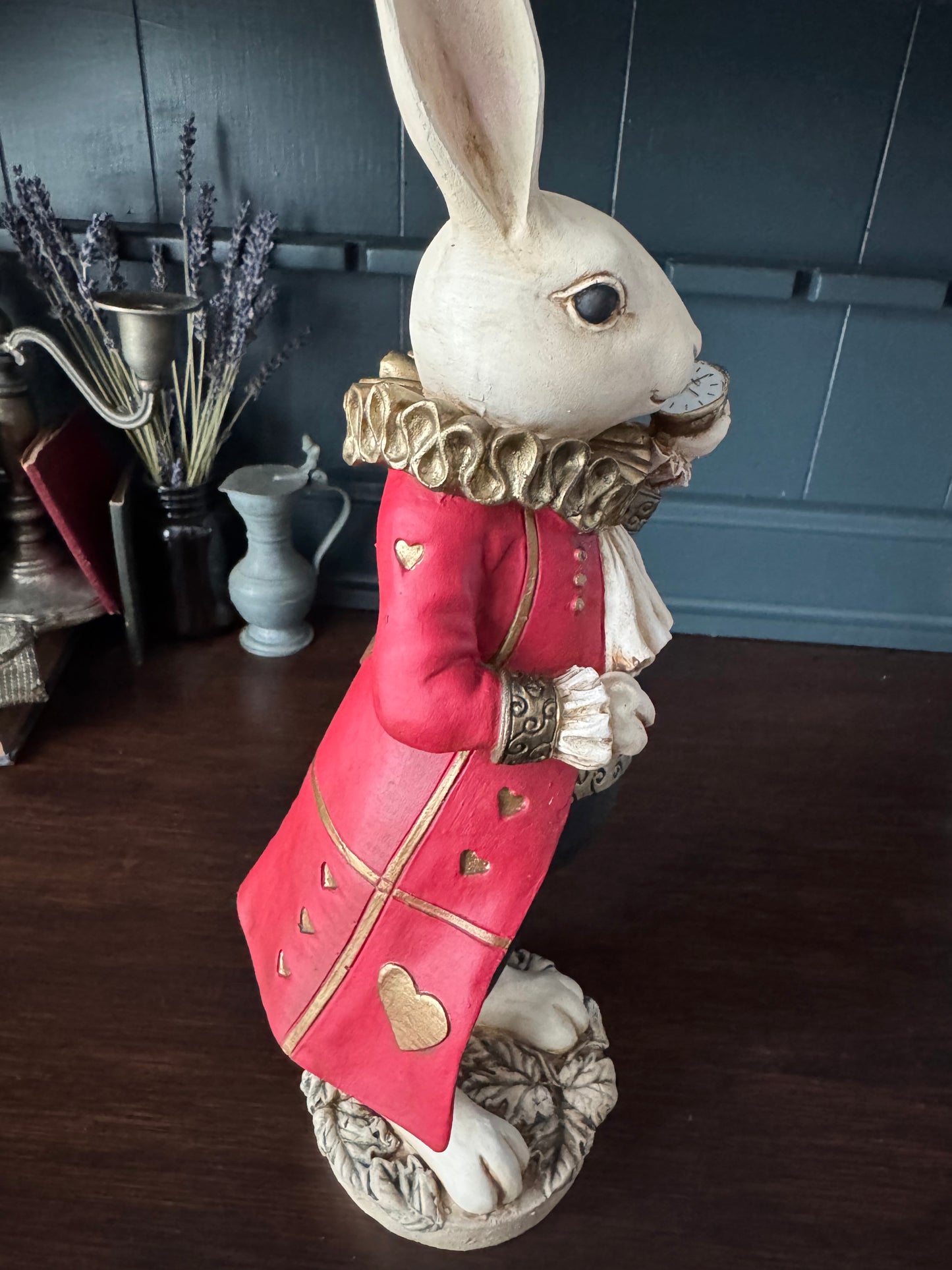 Hand Painted White Rabbit with Clock – Storybook Rabbit Statue 13.5”