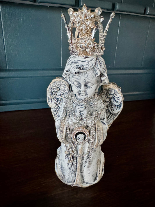 Hand-Painted Kneeling Angel with Crown & Jewels