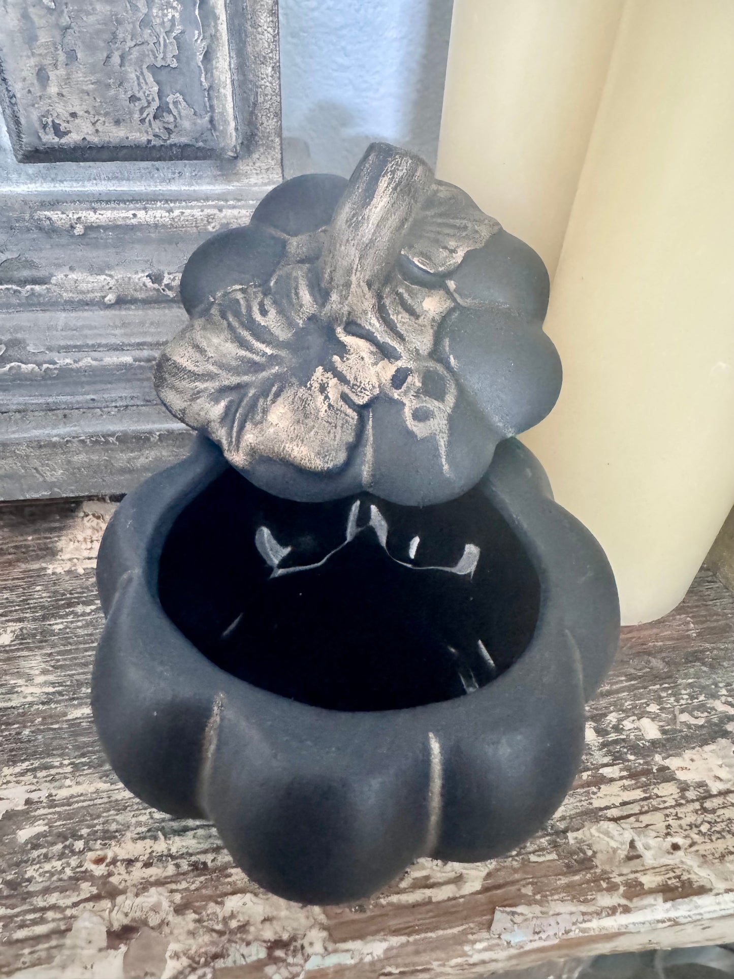 Hand Painted Black Ceramic Pumpkin Trinket Box with Aged Bronze Detail