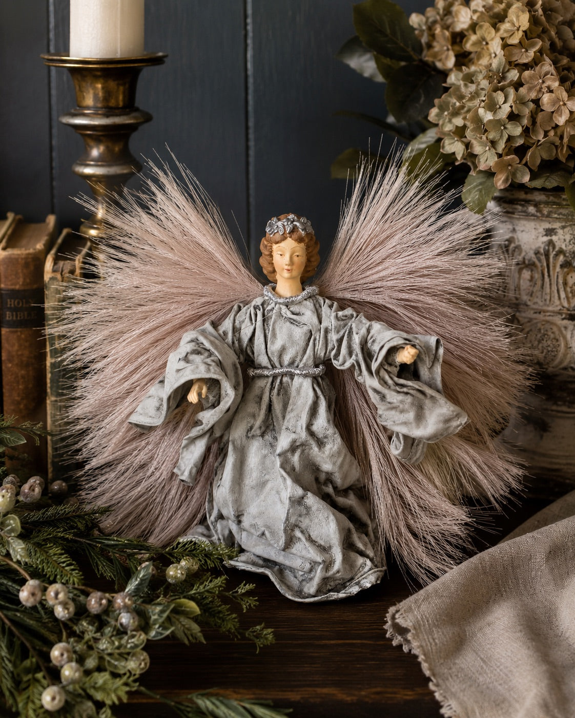 Hand-Painted Silver Gray Angel with Pampas Wings