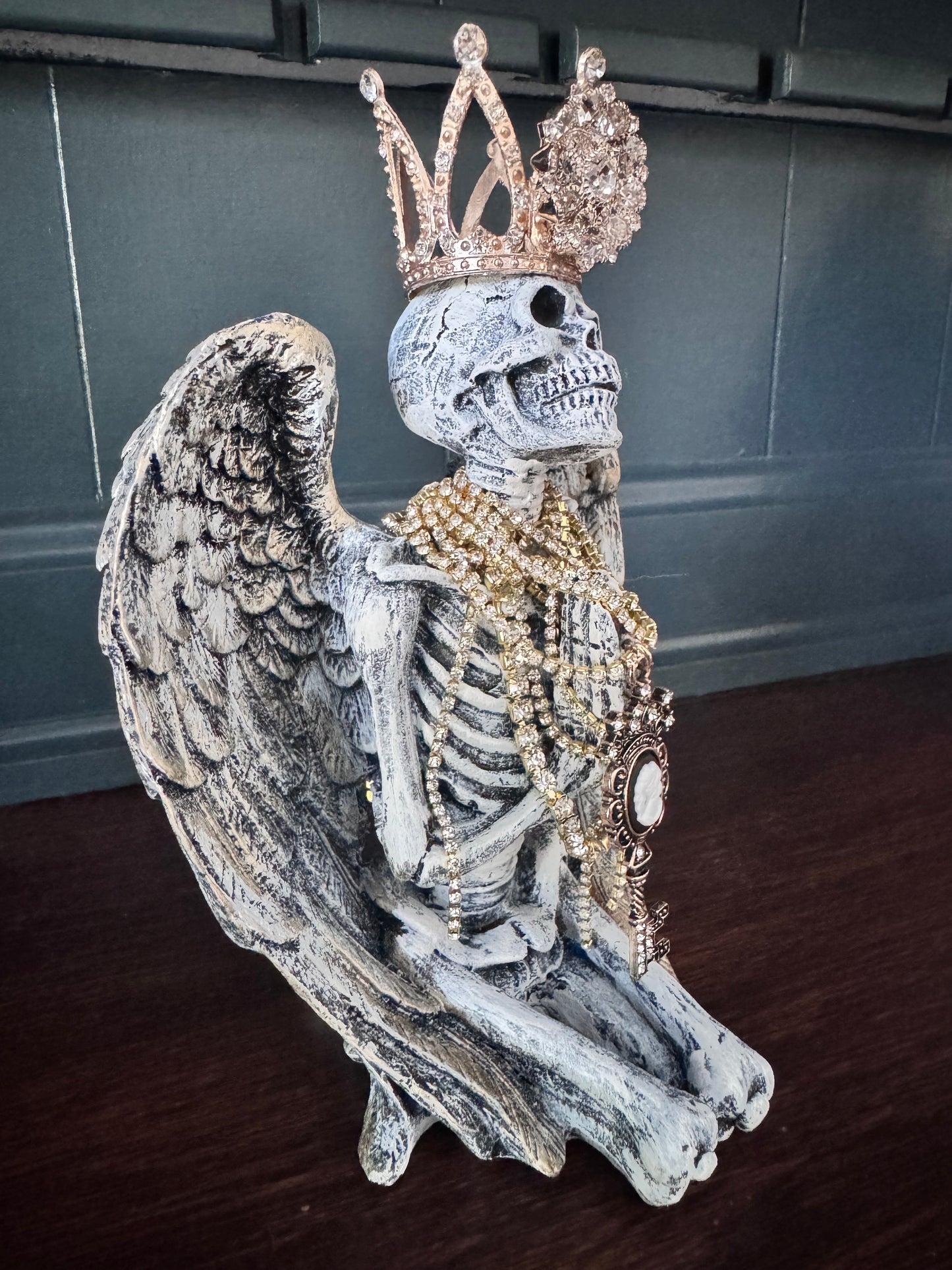Jeweled Skeleton Angel with Crown | Hand Painted Gothic Decor