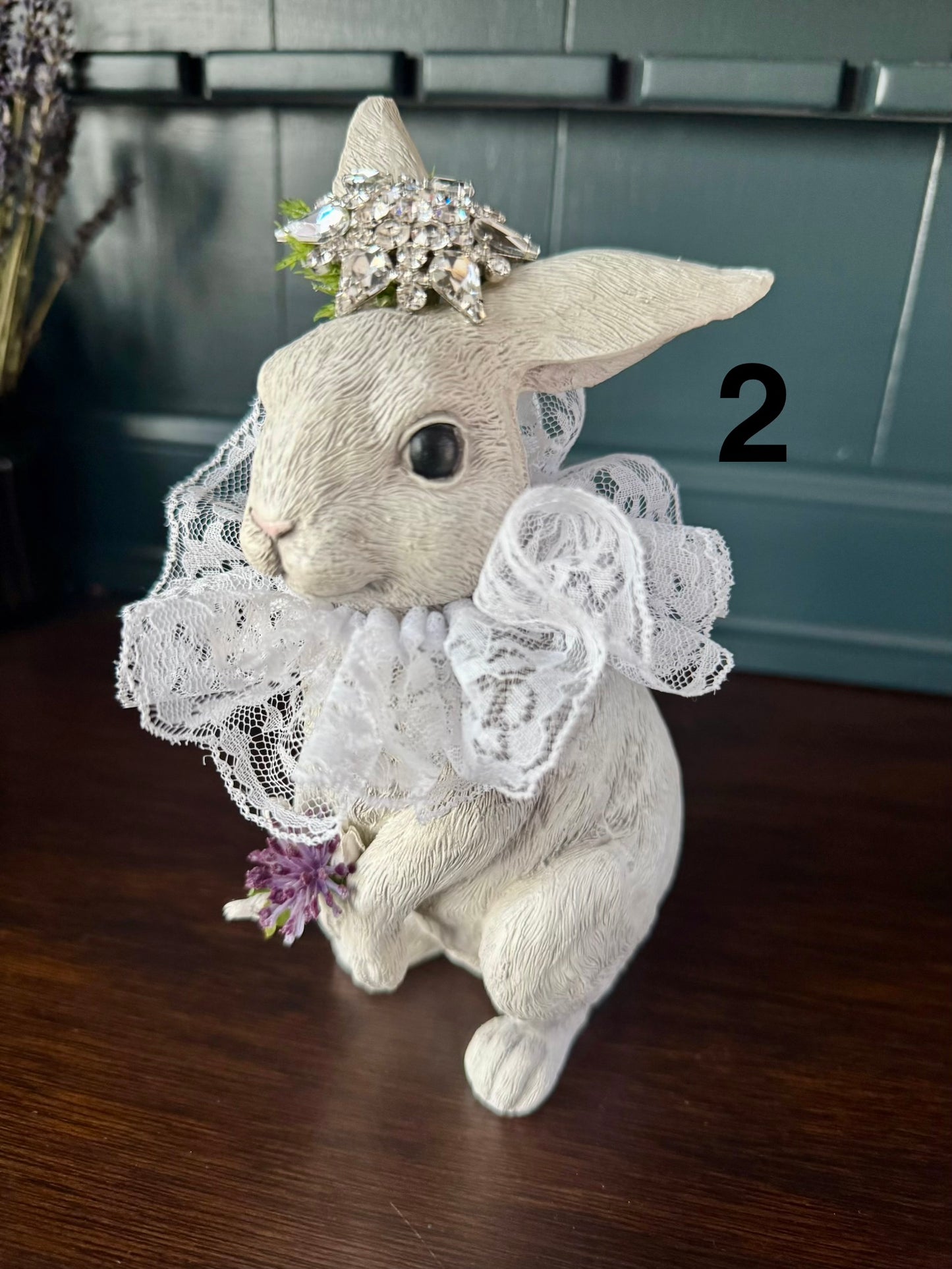 Hand Painted Bunny with Jeweled Hat & Lace Collar – Vintage Spring Decor