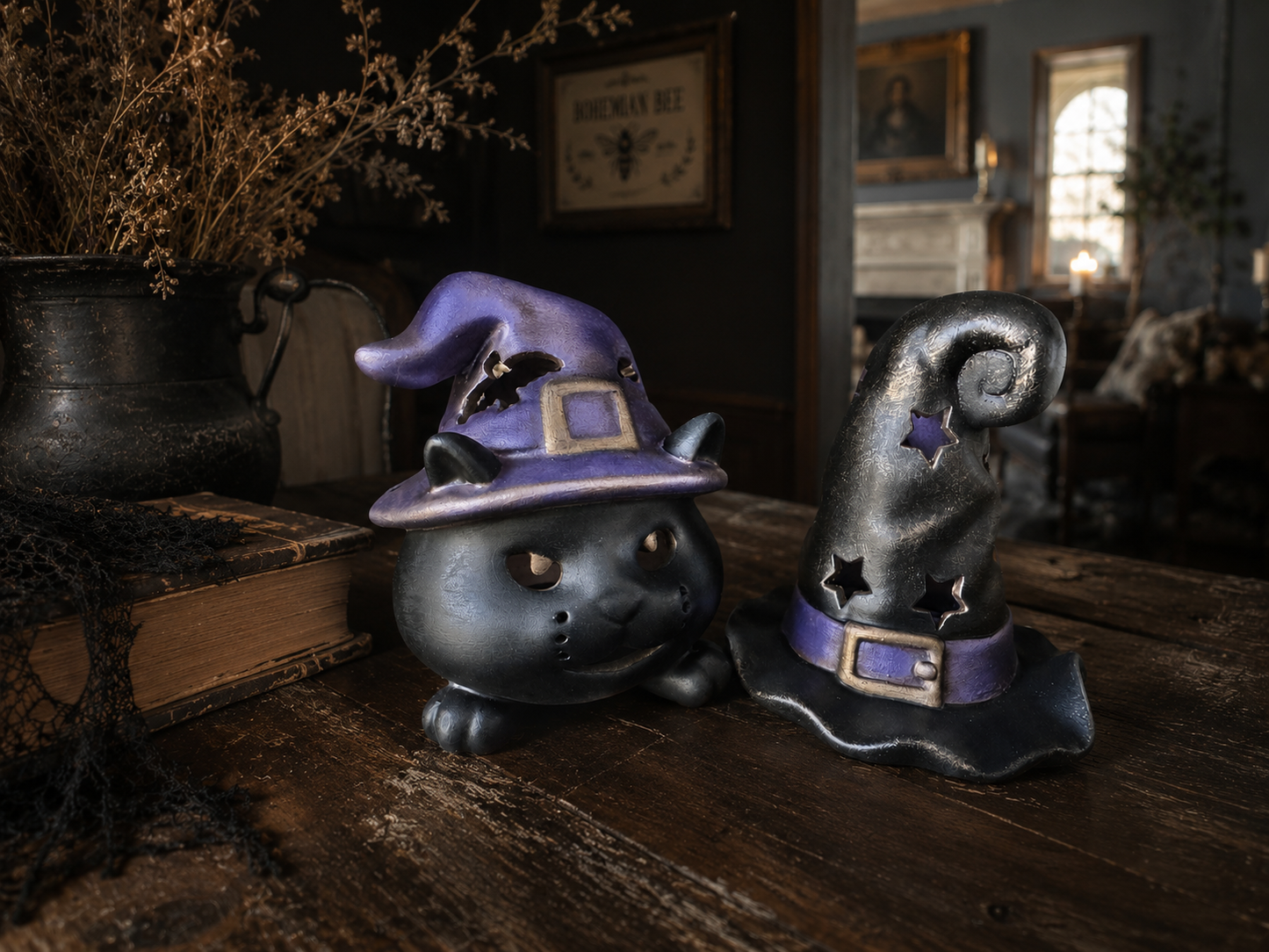 Hand-Painted Black Cat & Witch Hat Halloween Luminary Set | Ceramic Halloween Decor