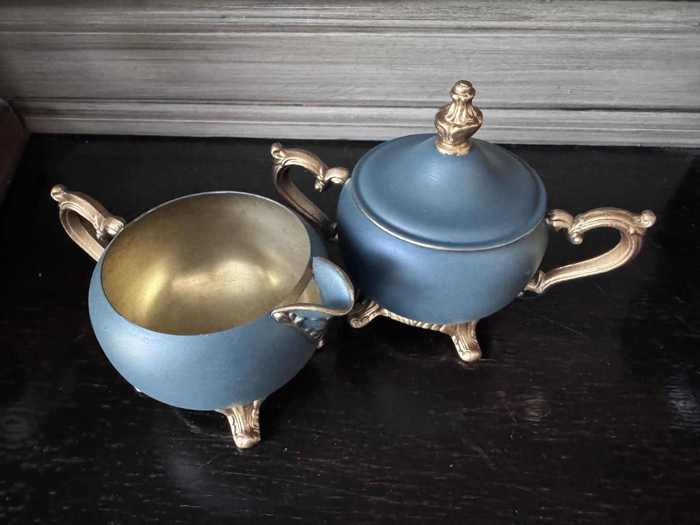 Hand Painted Silver Plate Creamer and Sugar Bowl w/Lid