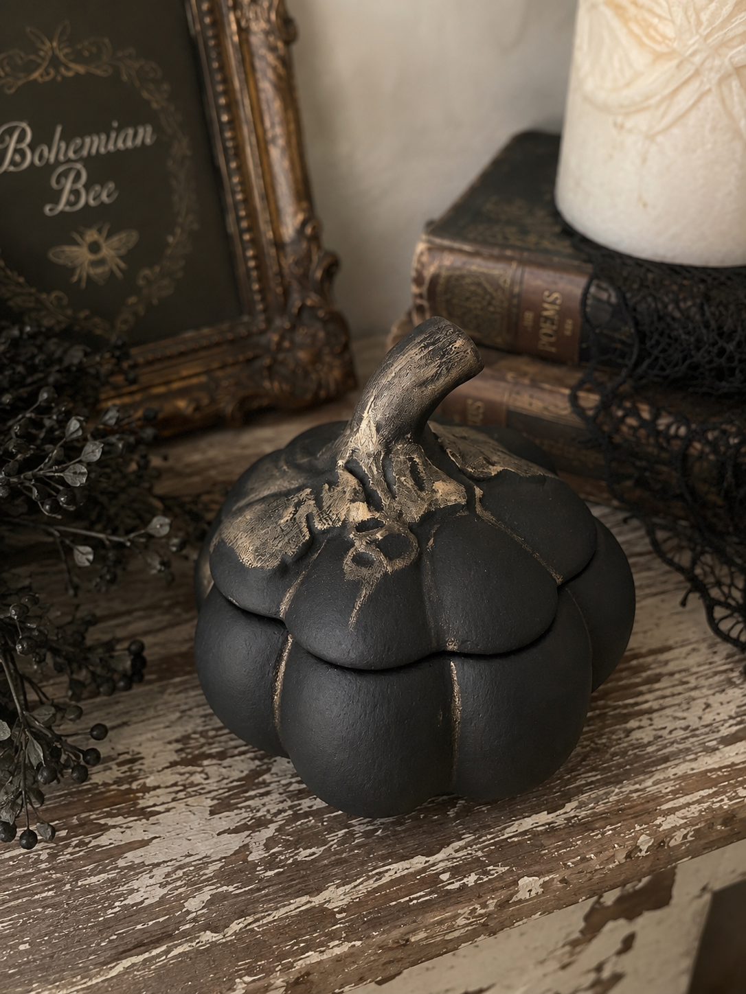 Hand Painted Black Ceramic Pumpkin Trinket Box with Aged Bronze Detail
