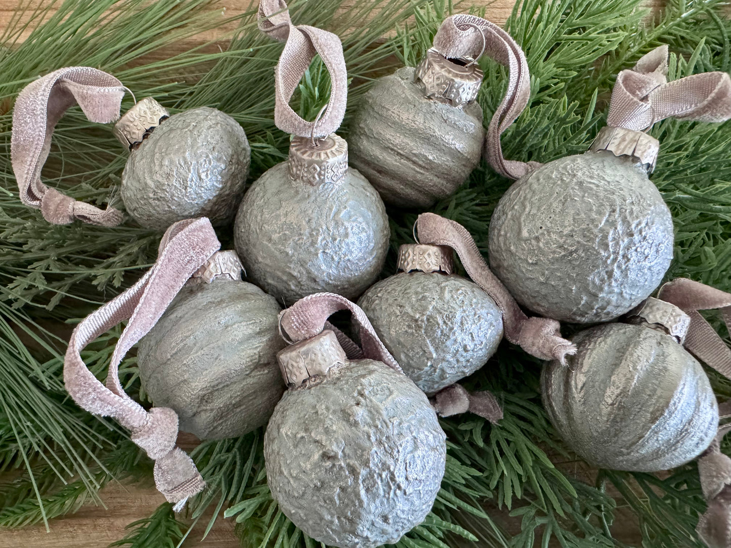 Hand Painted Textured Glass Ornaments with Velvet Ribbon (Set of 8)