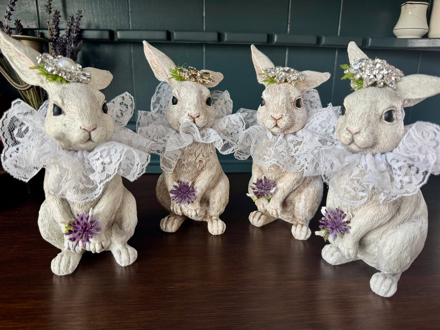 Hand Painted Bunny with Jeweled Hat & Lace Collar – Vintage Spring Decor