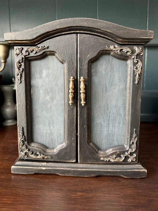 Handmade Victorian Frosted Glass Apothecary Cabinet.  Moody Black Curio Display