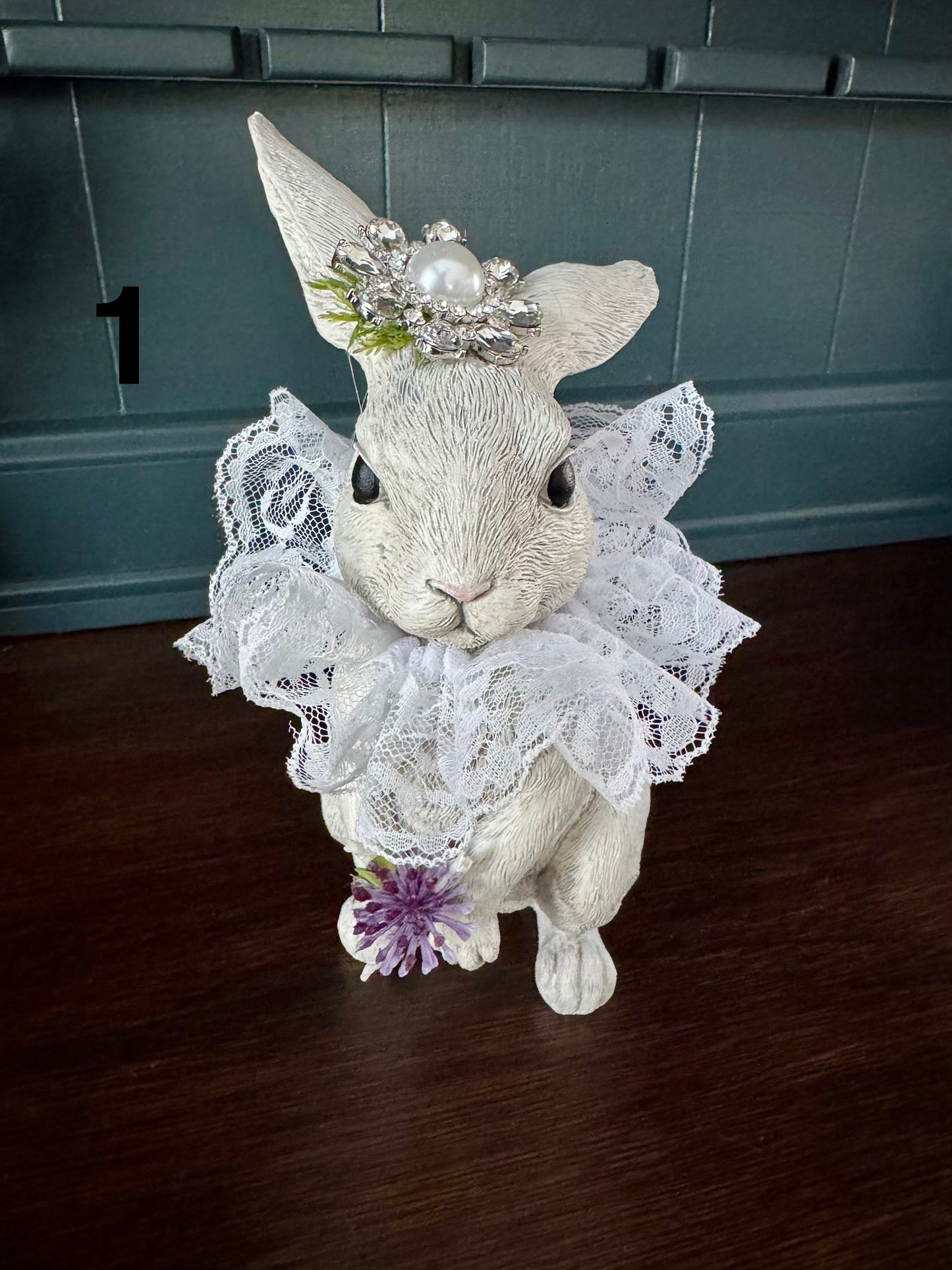 Hand Painted Bunny with Jeweled Hat & Lace Collar – Vintage Spring Decor