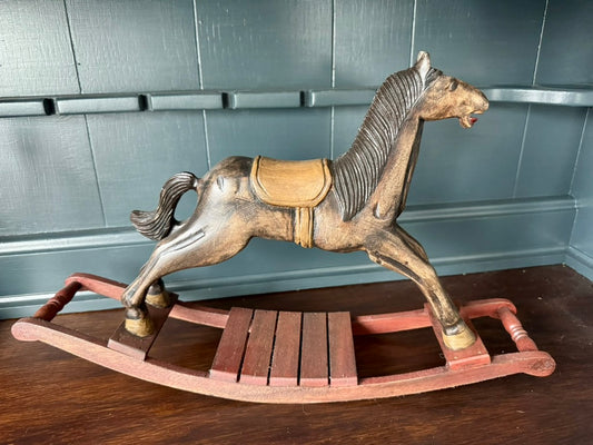 Hand Finished Decorative Rocking Horse – Vintage Inspired Resin Horse on Wooden Base