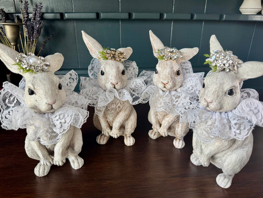 Hand Painted Bunny with Jeweled Hat & Lace Collar – Vintage Spring Decor