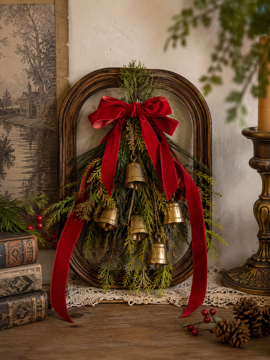 Vintage Solid Wood Oval Frame with Removable Christmas Greenery & Brass Bells | Holiday Wall Decor