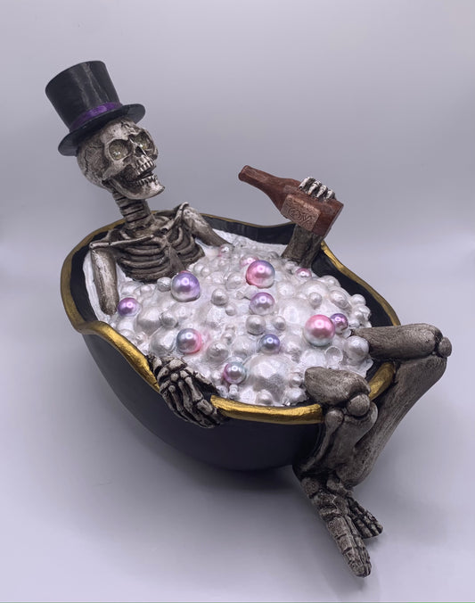 Male Skelton with Top Hat in Tub